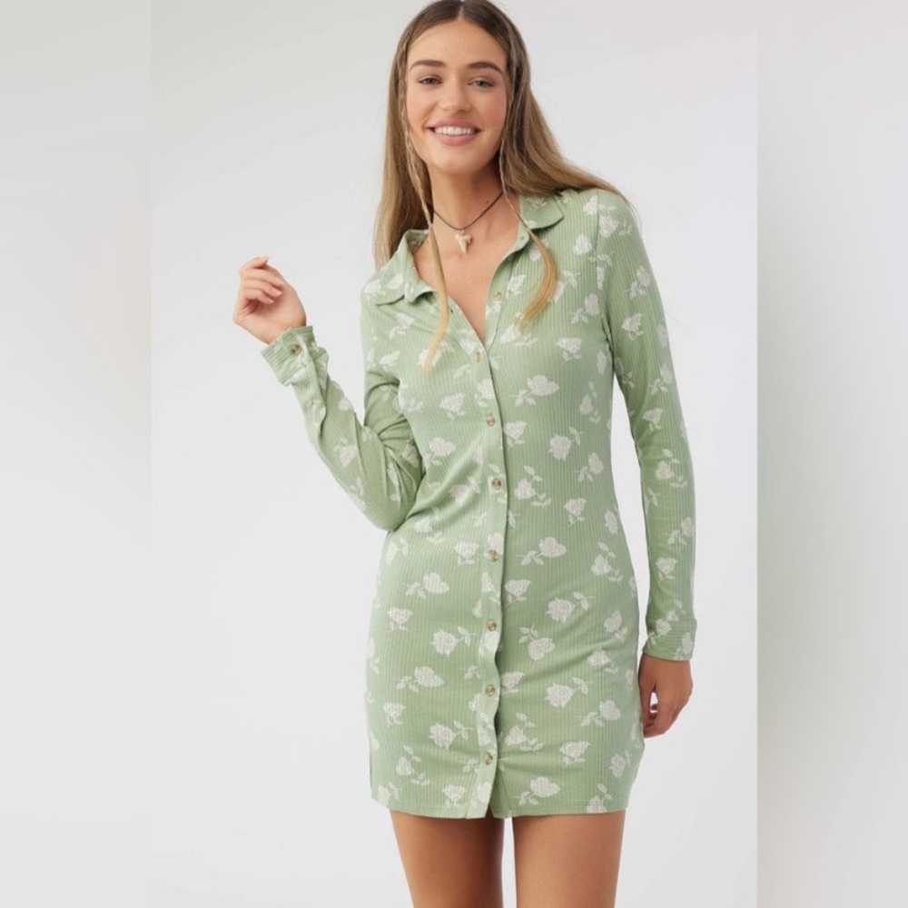 O'Neill Sage Green Floral Button-Up Mini Dress